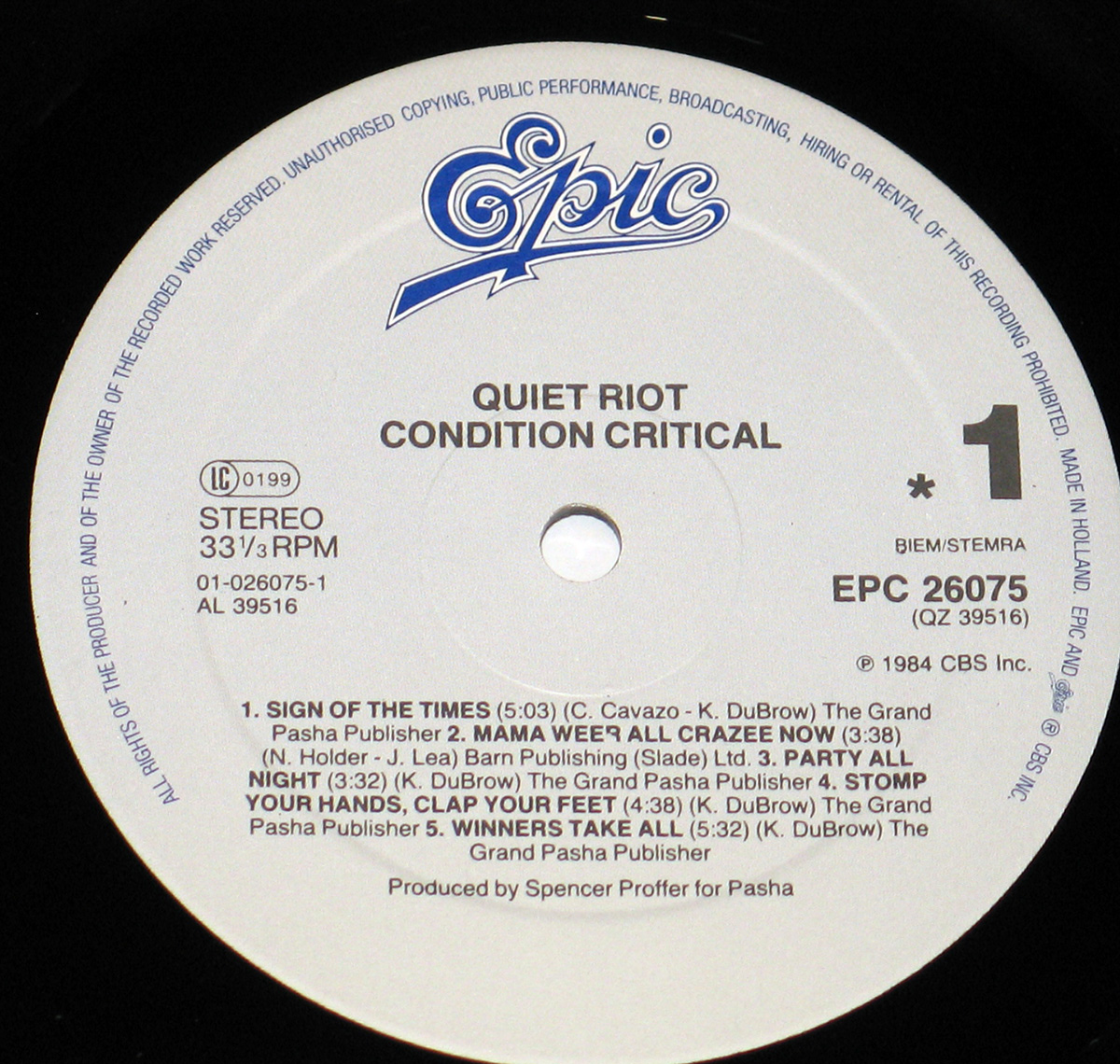 Back Cover Photo Quiet Riot Condition Critical white Record Label https://vinyl-records.nl//